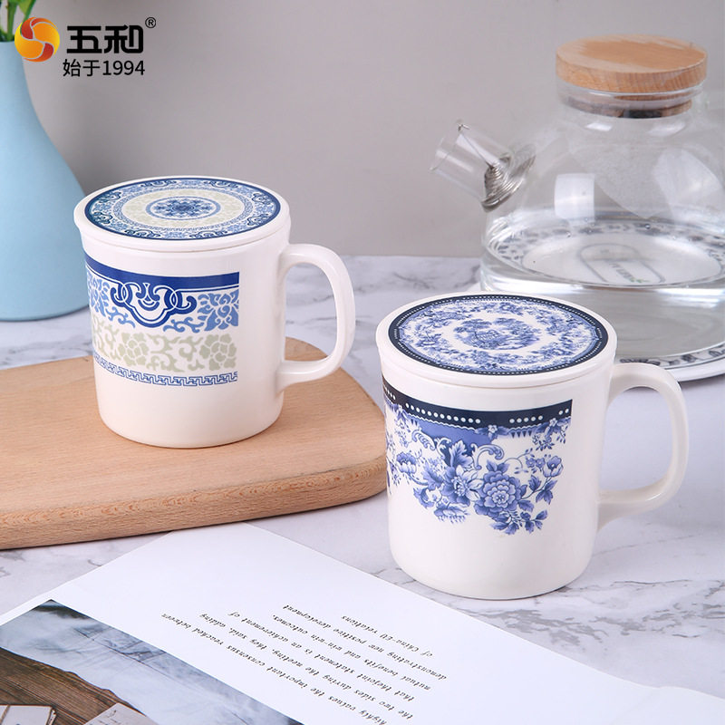 五和马克杯食品级密胺材质新中式有柄带盖水杯漱口杯家用茶杯批发