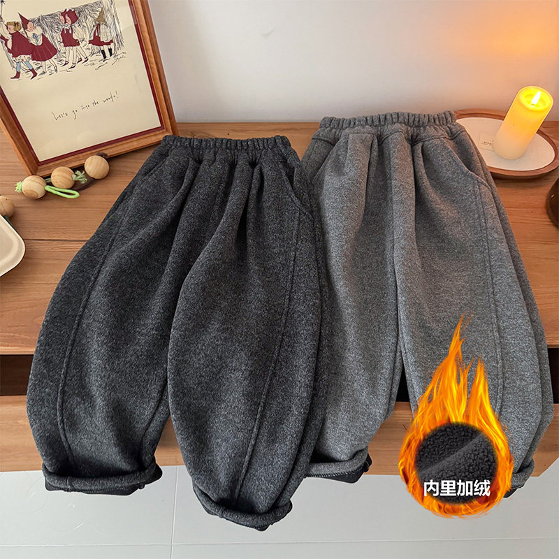 儿童加厚保暖休闲卫裤冬款休闲裤男女童仿毛呢加绒弯刀裤中大童