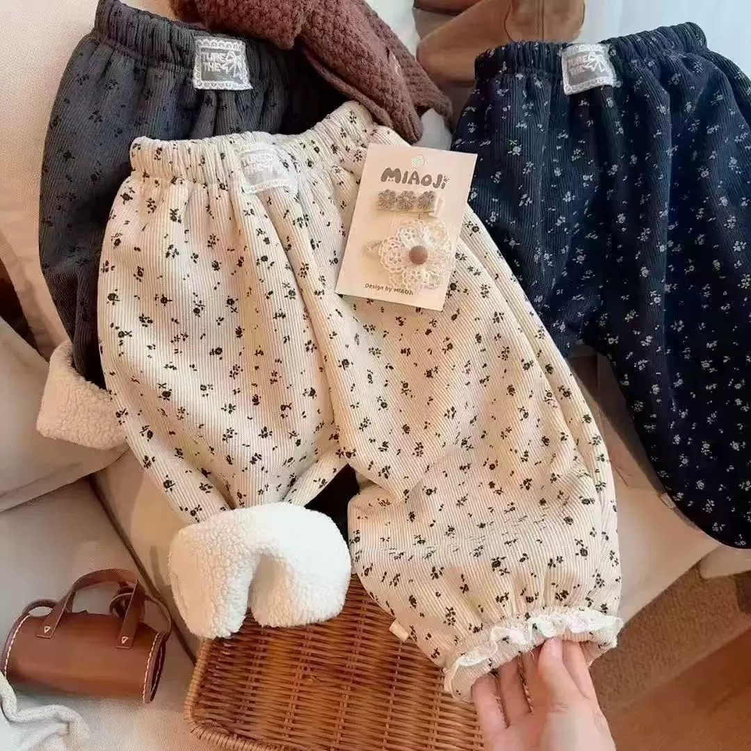 儿童加绒卫裤休闲裤女童秋冬季韩系碎花女宝百搭灯笼裤校园神裤子