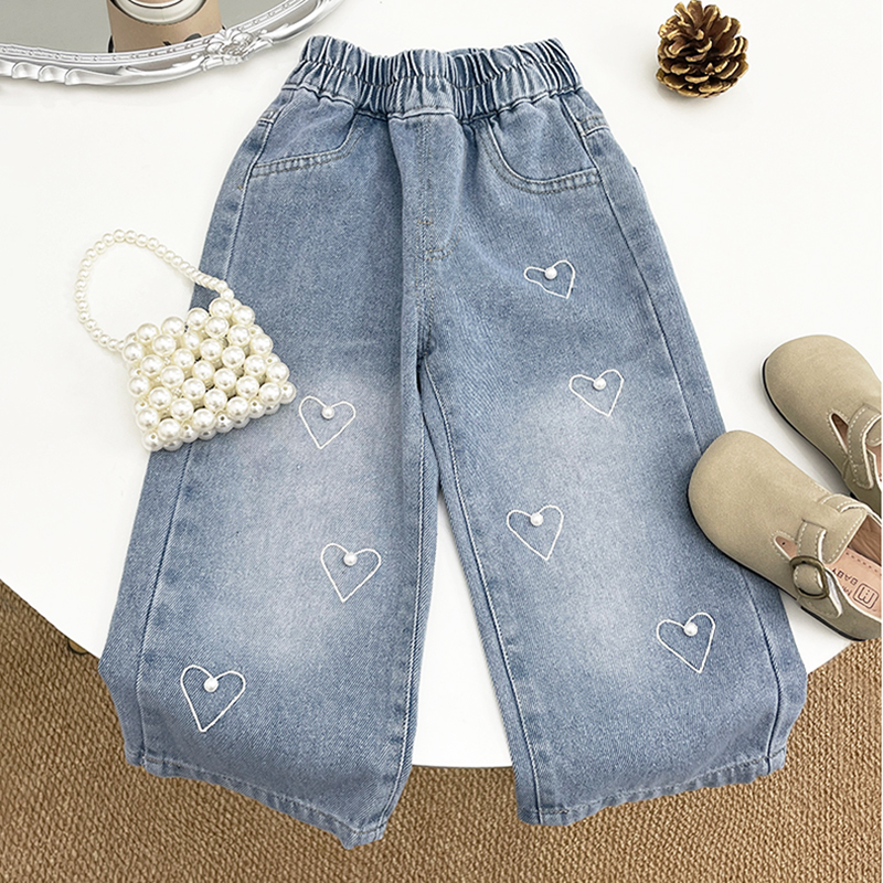 女童牛仔裤直筒水洗软牛仔宽松百搭阔腿长裤子春秋季新款女宝宝