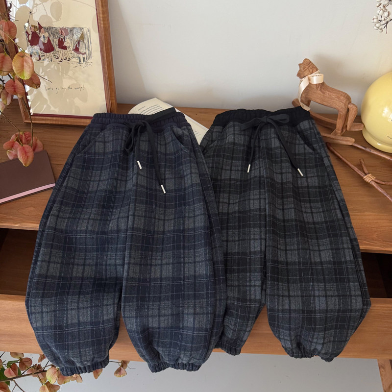 儿童加厚冬款卫裤保暖休闲裤冬季格子撞色加绒裤男女宝秋冬格子裤