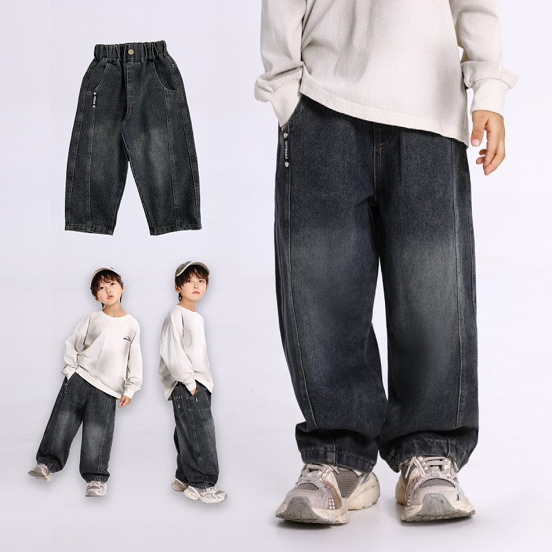 儿童直筒裤春秋休闲男童新款洋气宽松百搭直筒裤子拼接弯刀牛仔裤