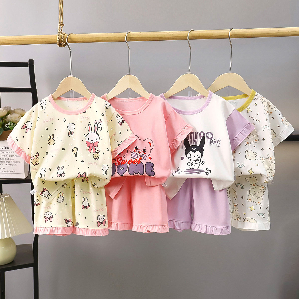 儿童短袖短裤花边薄款睡衣套装纯棉夏季新款女童宽松家居服童装