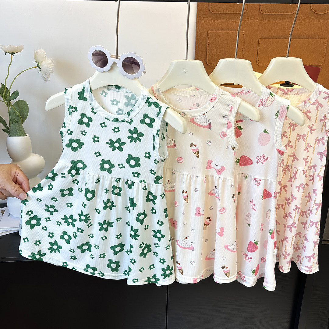 女童背心裙夏季连衣裙女宝宝可爱无袖中长款裙子女孩夏天洋气冰丝
