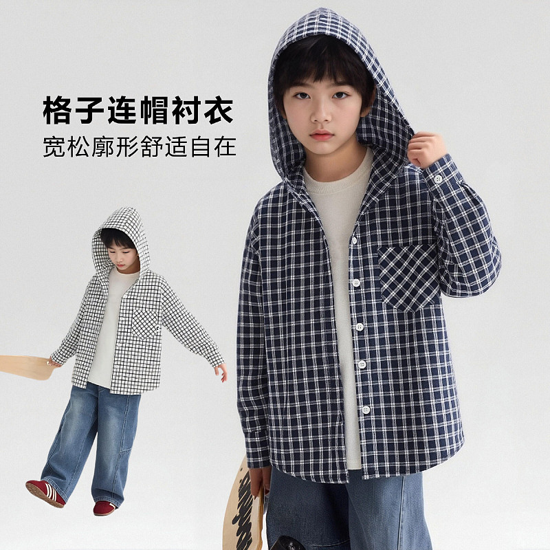 儿童外套连帽上衣春秋季格子连帽衬衣男女宝同款休闲外套衬衣上衣