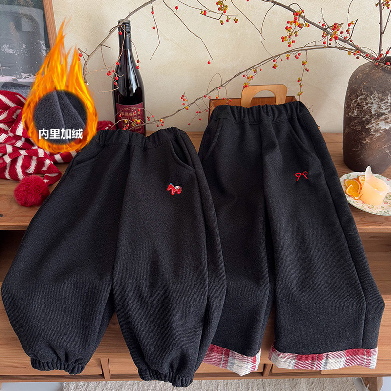 儿童冬季仿牛仔拼接加绒保暖休闲裤加绒加厚年服新年装直筒裤女童
