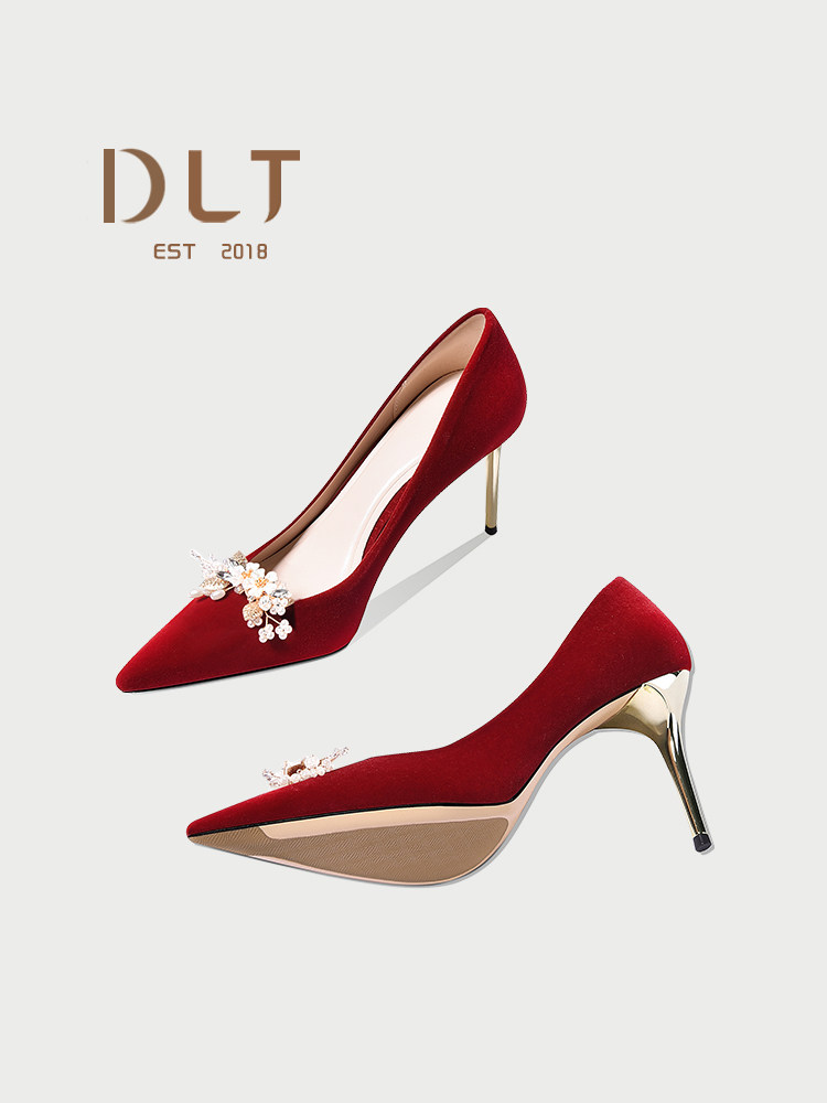 WEDDING SHOES WOMENS WINTER NEW BRIDAL SHOES XIUHE WEDDING DRESS TWO WEAR NOT TIRED FEET HIGH-END SENSE BURGUNDY TOAST HIGH HEELS