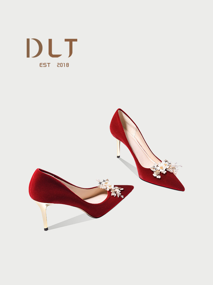 WEDDING SHOES WOMENS WINTER NEW BRIDAL SHOES XIUHE WEDDING DRESS TWO WEAR NOT TIRED FEET HIGH-END SENSE BURGUNDY TOAST HIGH HEELS