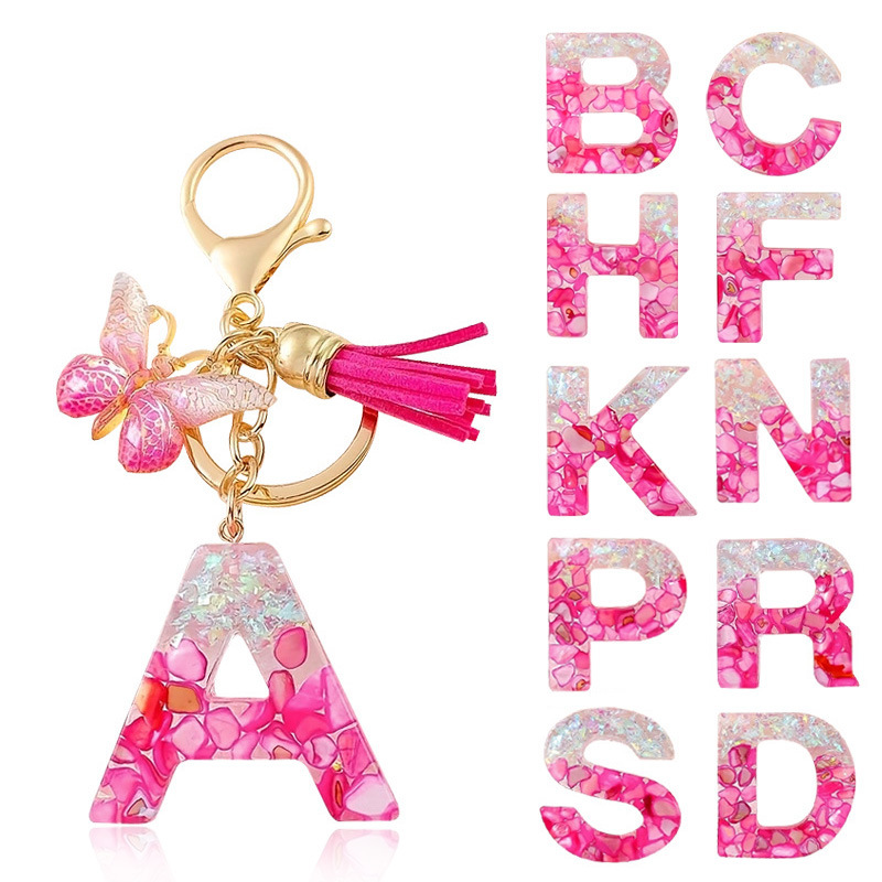 新款时尚玫红字母钥匙扣亮片渐变蝴蝶流苏水晶滴胶女士包包挂件