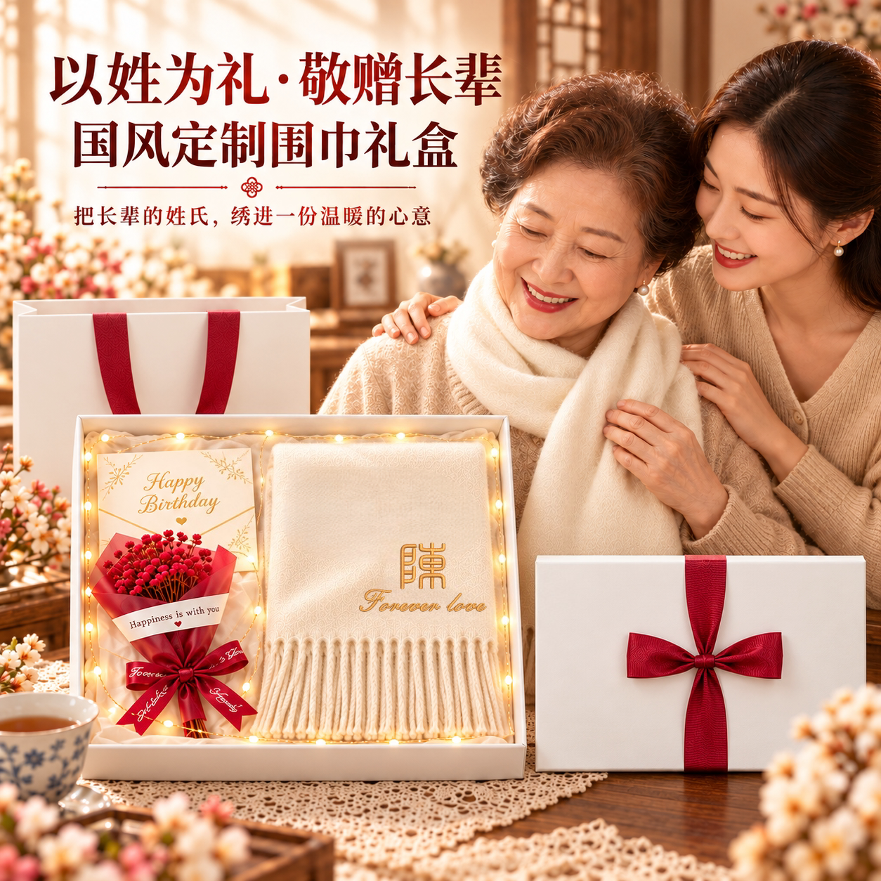 高档100%山羊绒围巾女姓氏定制礼盒装送妈妈婆婆长辈生日礼物披肩