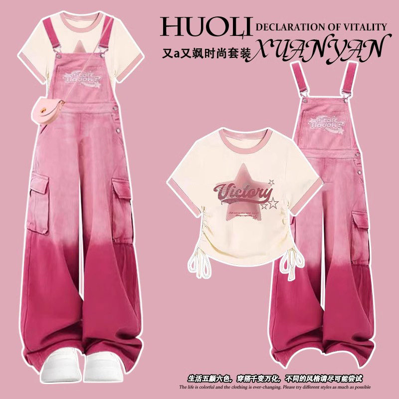 多巴胺奶fufu穿搭短袖套装女2025夏季新款背带裤甜酷风美式两件套图片