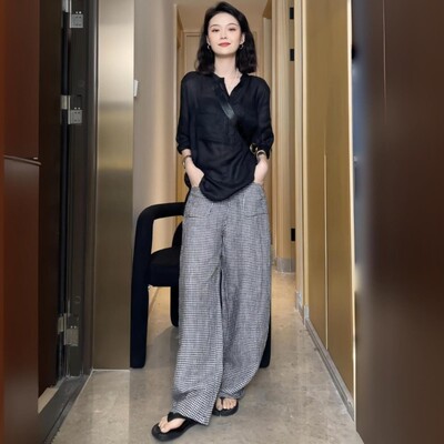 时尚套装女2025夏季新款时髦洋气宽松防晒衬衫格子阔腿裤两件套潮