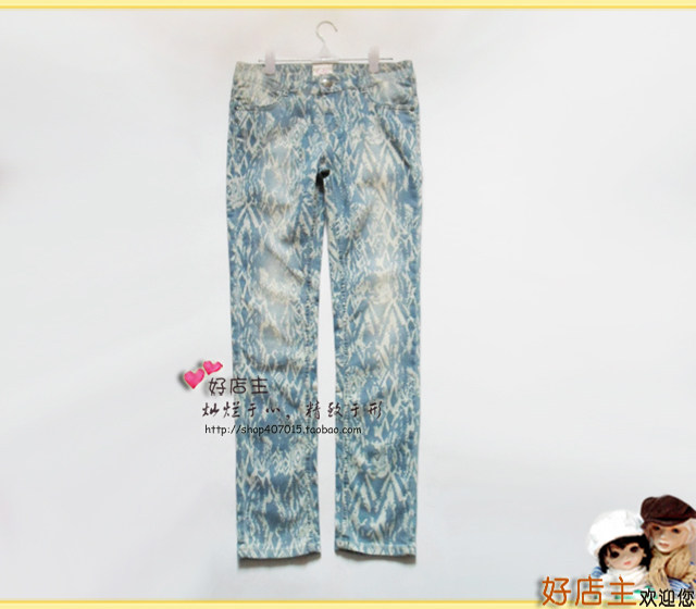 特!外单,水洗工艺~面料舒服,浅水蓝印花棉布牛仔铅笔裤-S/M#ax103