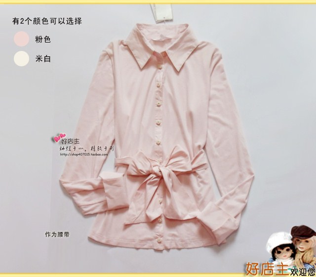 [专柜正品]柔软~浅粉长袖衬衫,有领结或腰带,针织梭织拼接-S/M/L