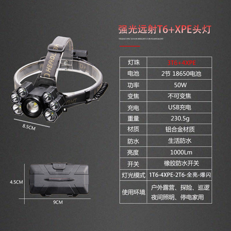 跨境新款 7LED调焦头灯 USB充电头戴式LED强光户外钓鱼灯照明头灯