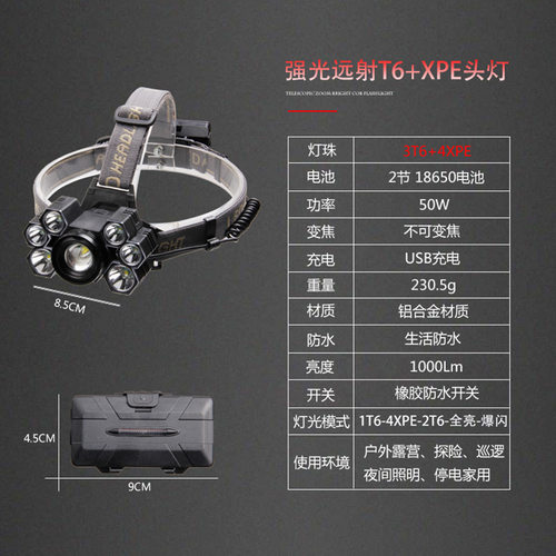 跨境新款 7LED调焦头灯 USB充电头戴式LED强光户外钓鱼灯照明头灯