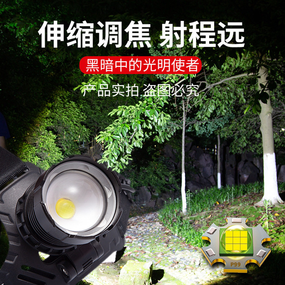 跨境新款P99头灯强光伸缩变焦头灯LED白红蓝光专用电量显示充电宝