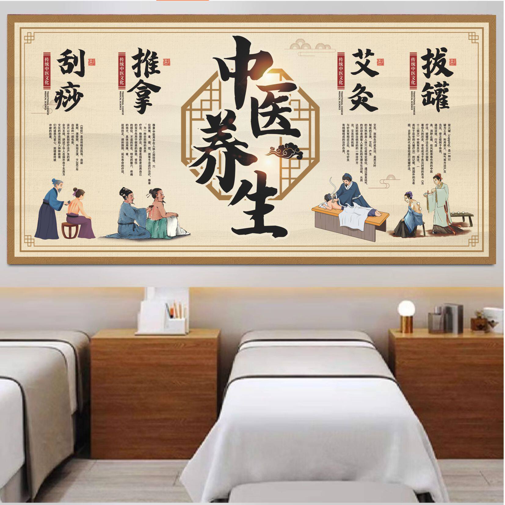中医养生海报艾灸刮痧推拿拔罐中医馆装饰画理疗功效宣传画墙贴