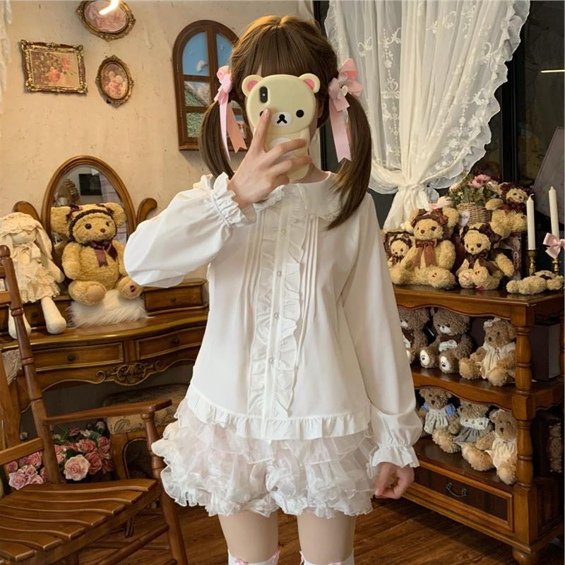 原创设计Lolita内搭可爱兔耳朵蝴蝶结长袖衬衫上衣