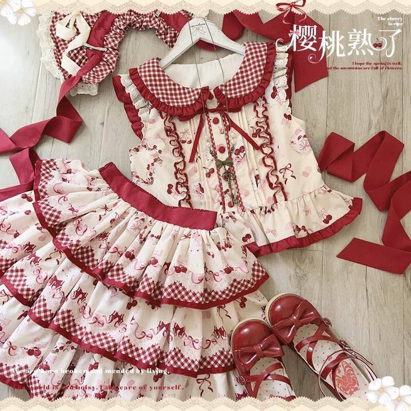 樱桃熟了lolita裙子洛丽塔分体套装可爱田园风小个子红色甜心蛋糕