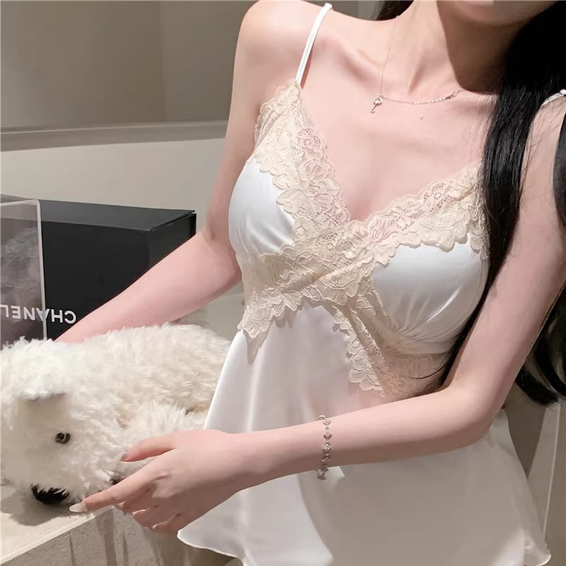 吊带睡衣女夏季薄款冰丝性感纯欲风蕾丝花边凉感带胸垫家居服套装