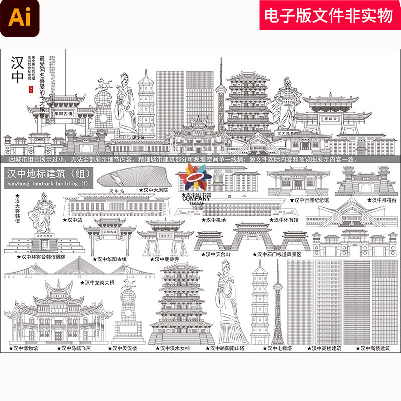 中国陕西汉中城市建筑地标天际线剪影矢量手绘线稿轮廓标志AI汉中