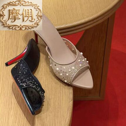 初系网纱水钻凉拖鞋女外穿细跟尖头红底高跟鞋裸色水晶一字拖凉鞋