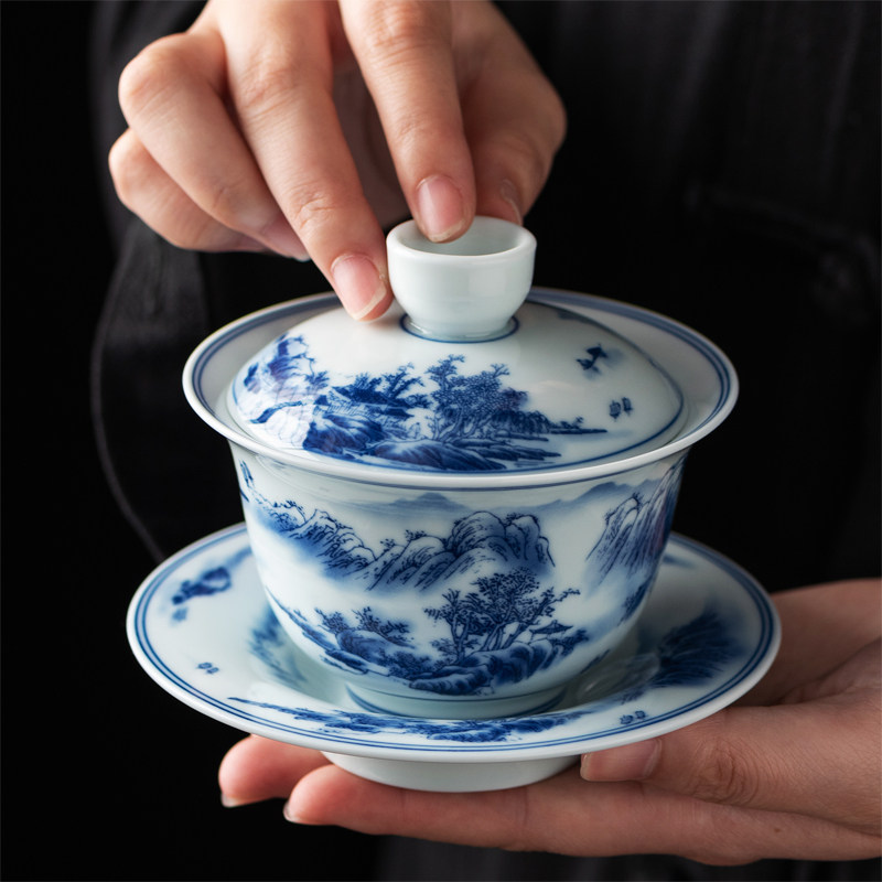 青花陶瓷盖碗三才碗家用白瓷泡茶碗功夫茶具套组醒茶器敬茶碗盖杯