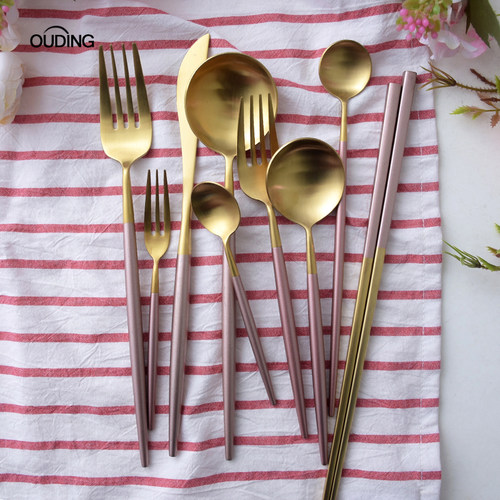 ouding樱花粉牛排家用刀叉套装