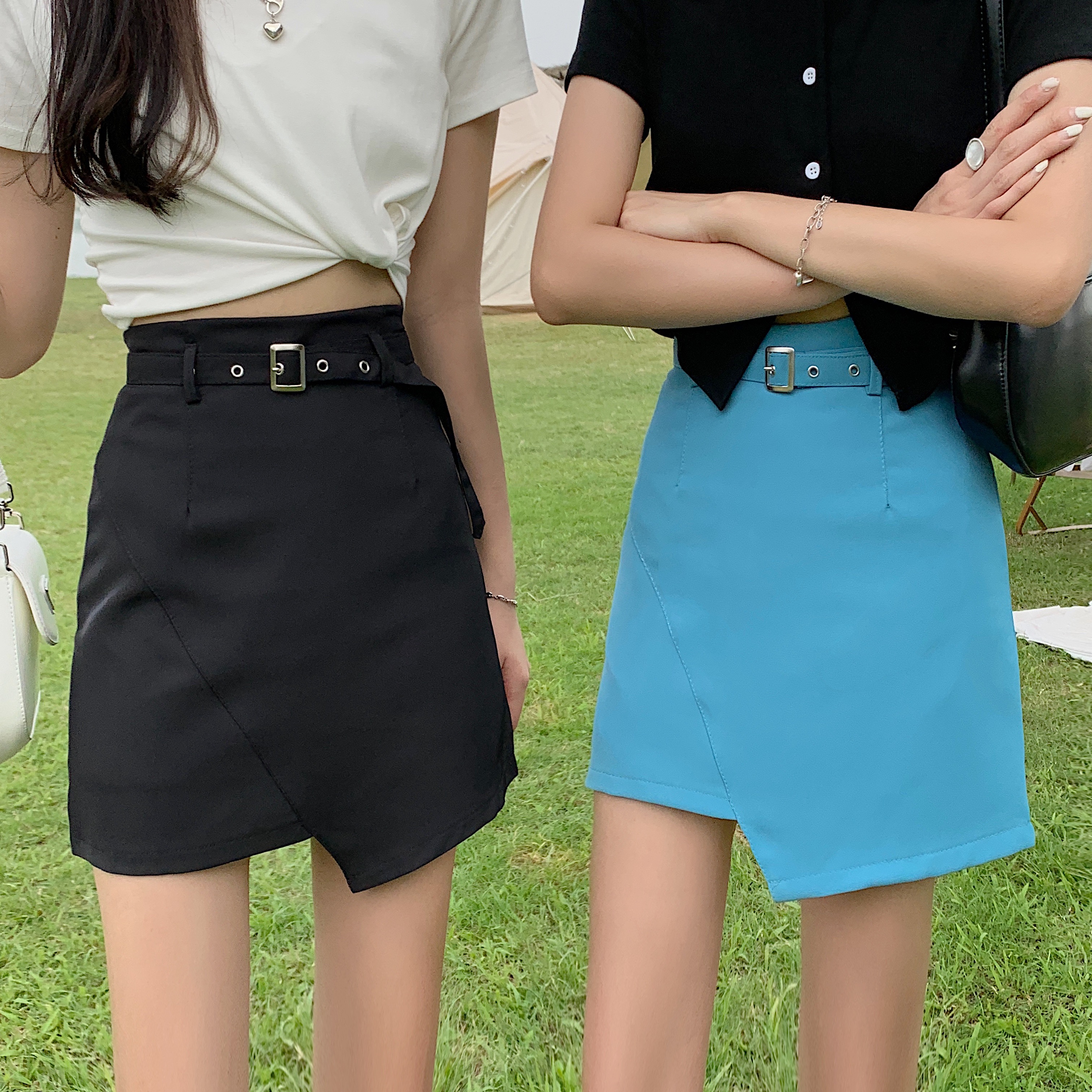 Real price French style spicy girl slim skirt high waist belt anti light bag hip skirt A-line skirt