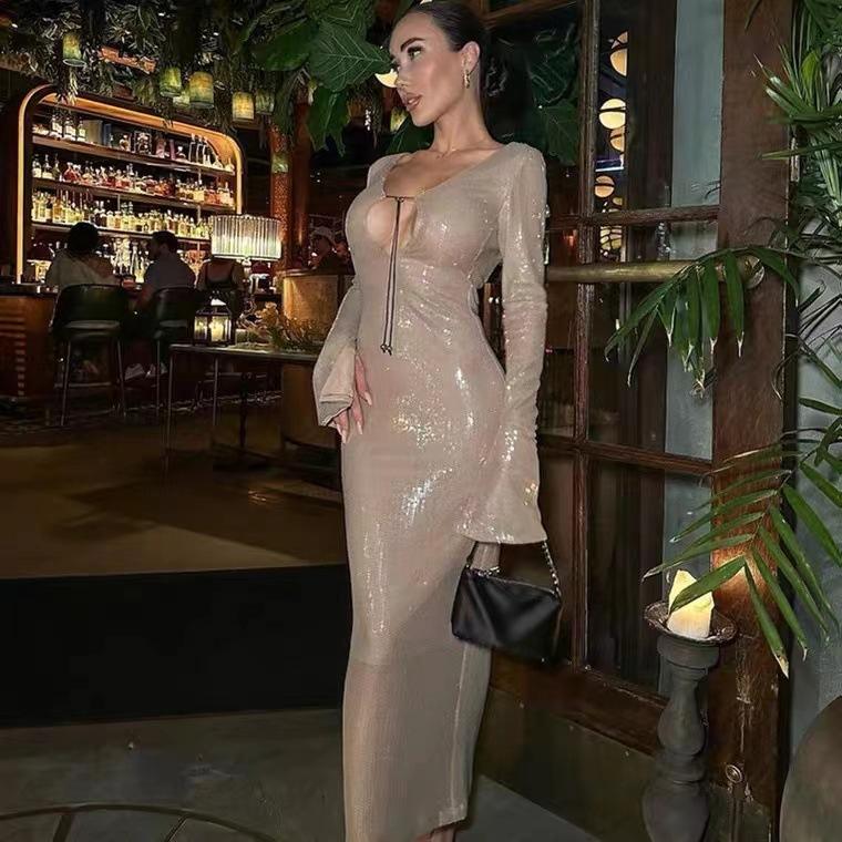 欧美性感露背长袖亮片弹力连衣裙明星模特走秀拍照名媛气质晚礼服