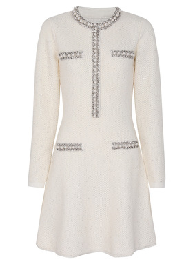 PRISCA现货高端品质秋冬欧美新款名媛修身显瘦长袖钉钻针织连衣裙