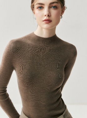 PRISCA/18针可机洗扬子纱精纺100%羊毛衫女半高领紧身针织薄毛衣