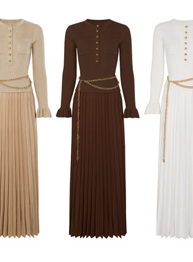 PRISCA现货南油高端春秋新显瘦长袖上衣针织衫+压褶半身裙套装女