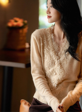 PRISCA /2025秋冬 意大利工艺100%羊毛 水溶蕾丝针织开衫/上衣女