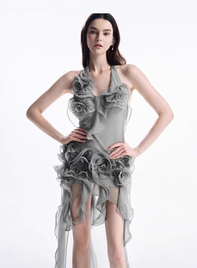 法式小众设计感立体花朵小香风挂脖连衣裙性感露背包臀裙小礼服