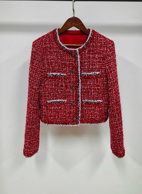 深圳南油秋冬新款名媛小香风外套女装一手货源红色粗花呢短款上衣