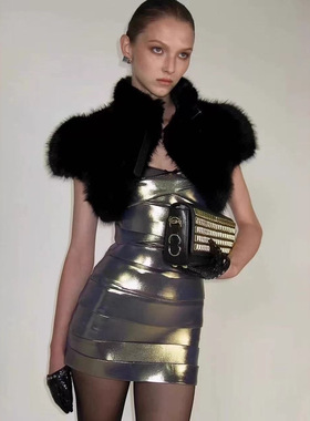 PRISCA/辣妹风性感秋冬可调搭扣叠穿环保皮草短款夹克上衣短外套