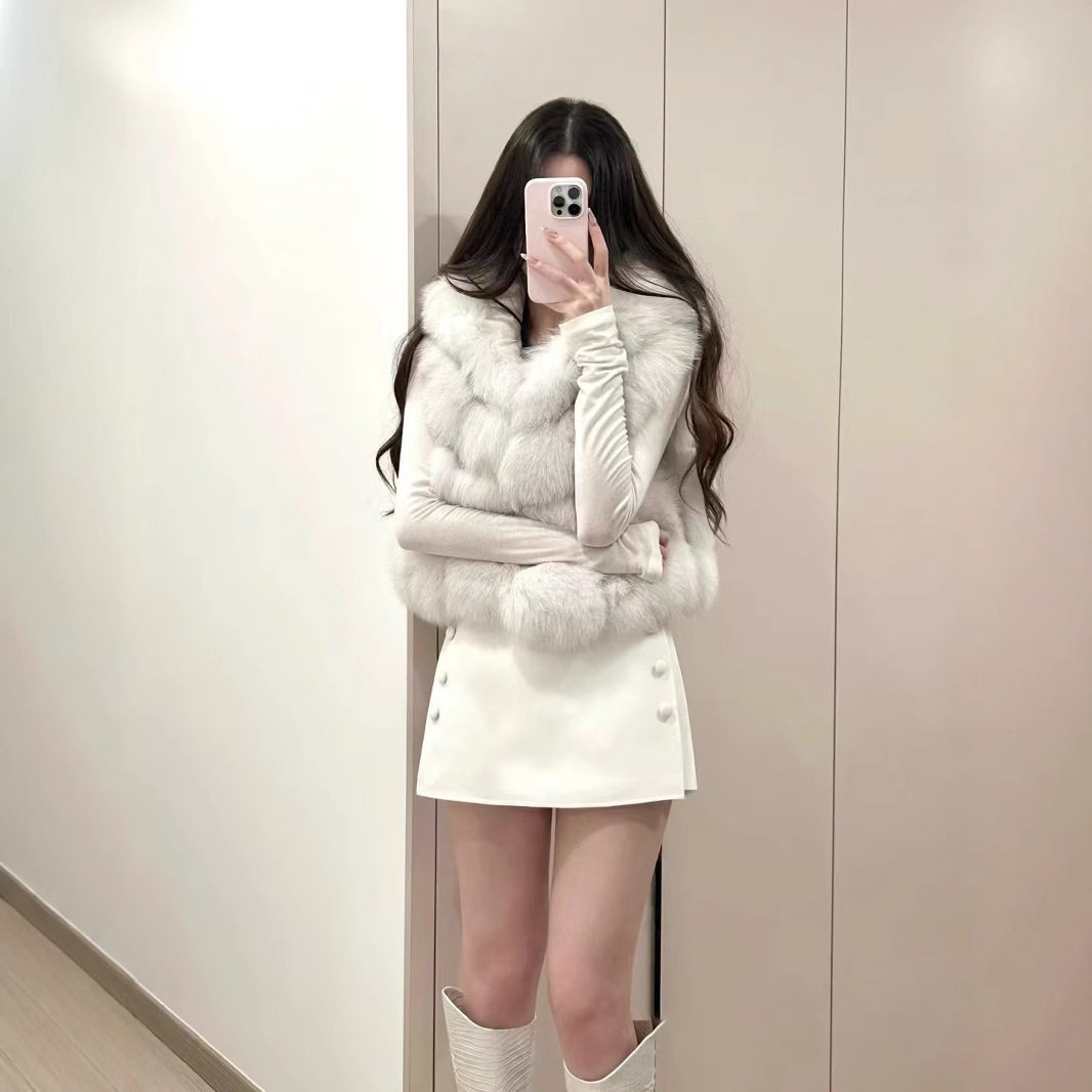 PRISCA/小众仿獭兔毛马甲背心女洋气龙猫环保皮草毛毛连帽外套