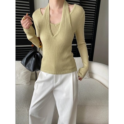 司南 早春新款 小众挂脖V领假两件设计感修身显瘦针织衫 SN8662