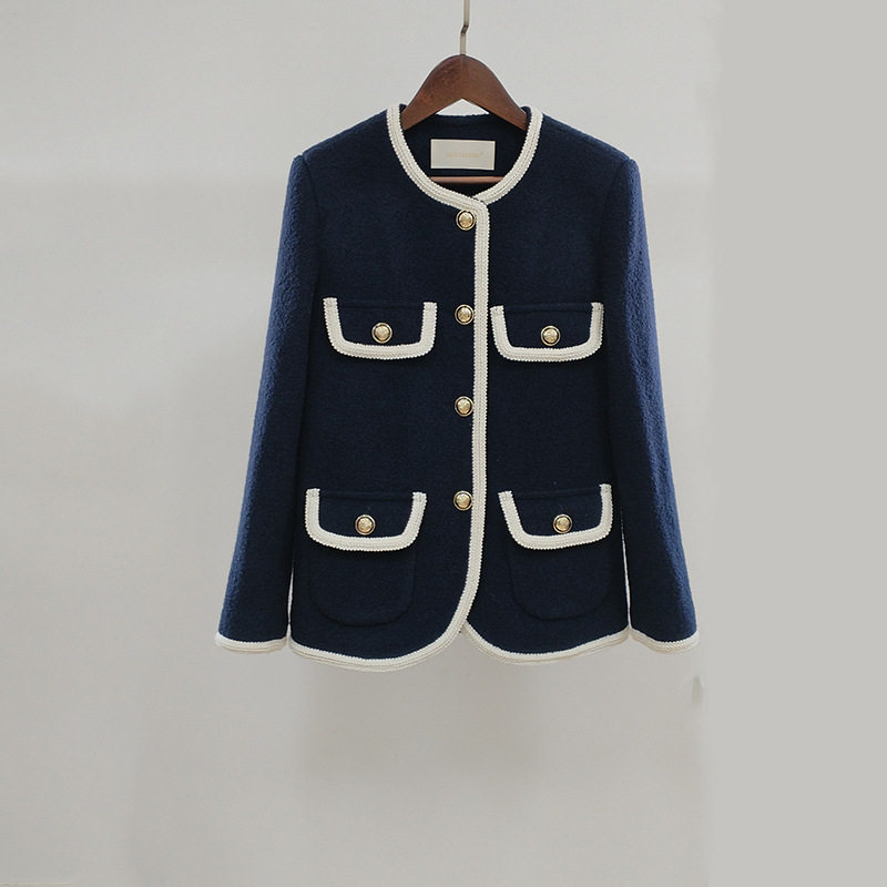 2025秋冬新款女装深蓝色复古撞色花边上衣名媛粗花呢小香风外套女,女装/女士精品,毛呢外套,淘宝优惠券,粉丝福利购,淘宝优惠卷