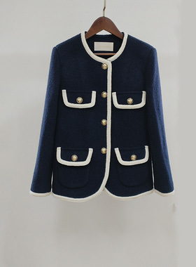 2025秋冬新款女装深蓝色复古撞色花边上衣名媛粗花呢小香风外套女