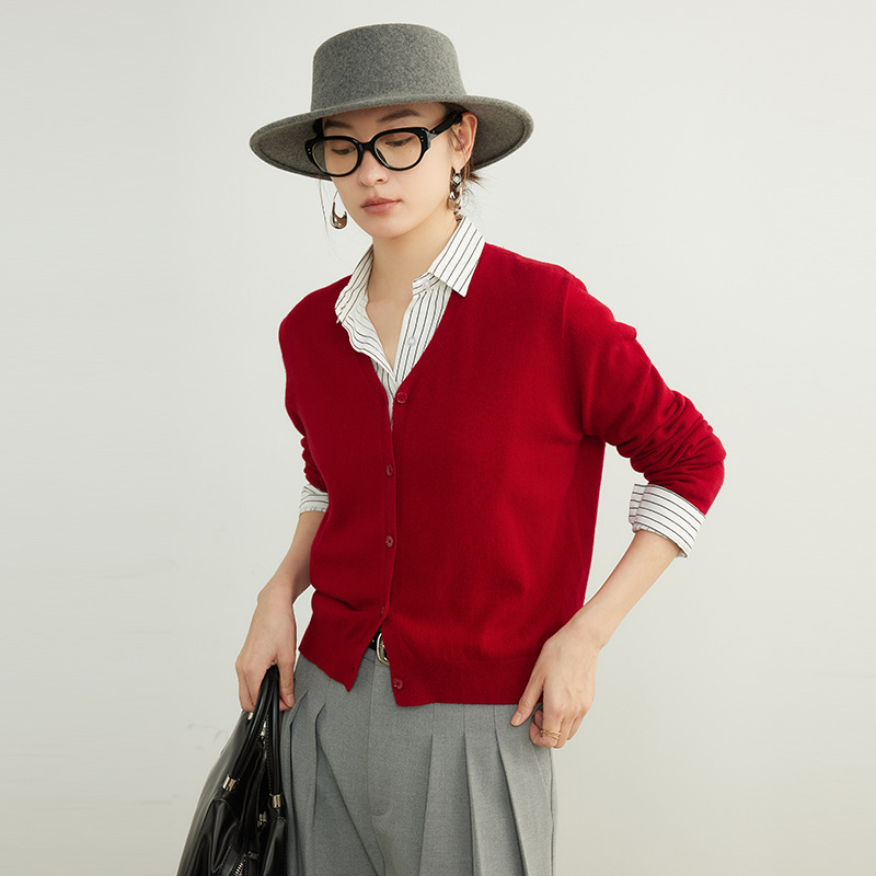 PRISCA/美利奴纯羊毛开衫女装薄款外套V领针织衫毛衣女25早秋上衣