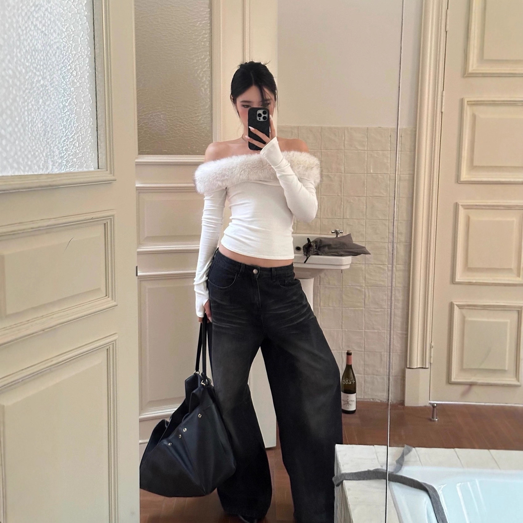 小众设计 心动涩谷毛毛领一字肩T恤长袖修身露肩抹胸辣妹上衣