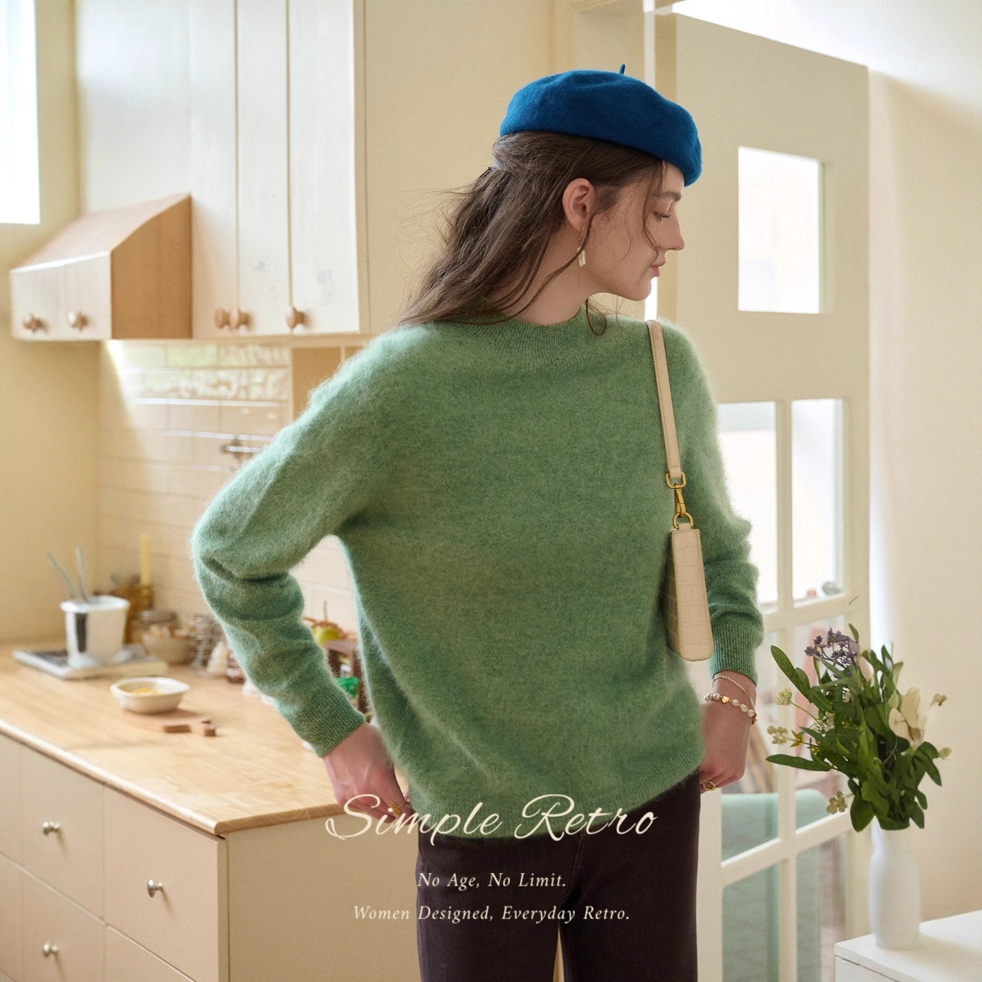 PRISCA/2025秋冬新法式柔感羊绒羊毛拉毛纯色毛衣女慵懒风百搭