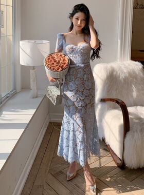性感方领女人味蓝色睫毛蕾丝高腰修身鱼尾长款连衣裙晚礼服送腰带
