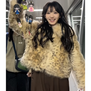 PRISCA/ 田曦薇明星同款仿狐狸毛秋冬短款环保皮草斑点豹纹外套女