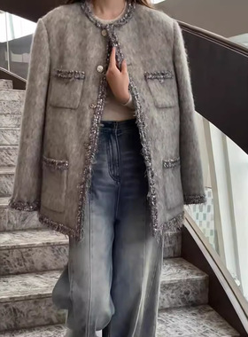 加厚名媛编织小香风羽绒外套秋冬新款富家千金高级感羊毛毛呢