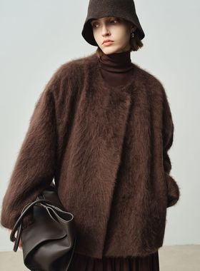 PRISCA 轻奢风羊毛大衣女秋冬新款长毛设计感圆领一粒扣毛呢外套