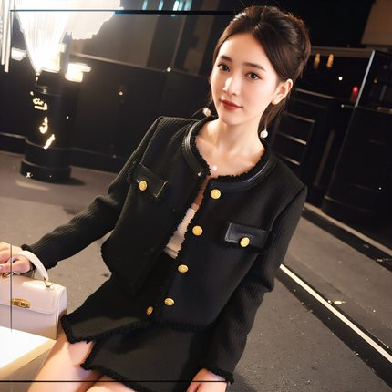 【清仓有条件退】短款黑色羊毛粗花呢短外套女上衣小香风套装轻奢